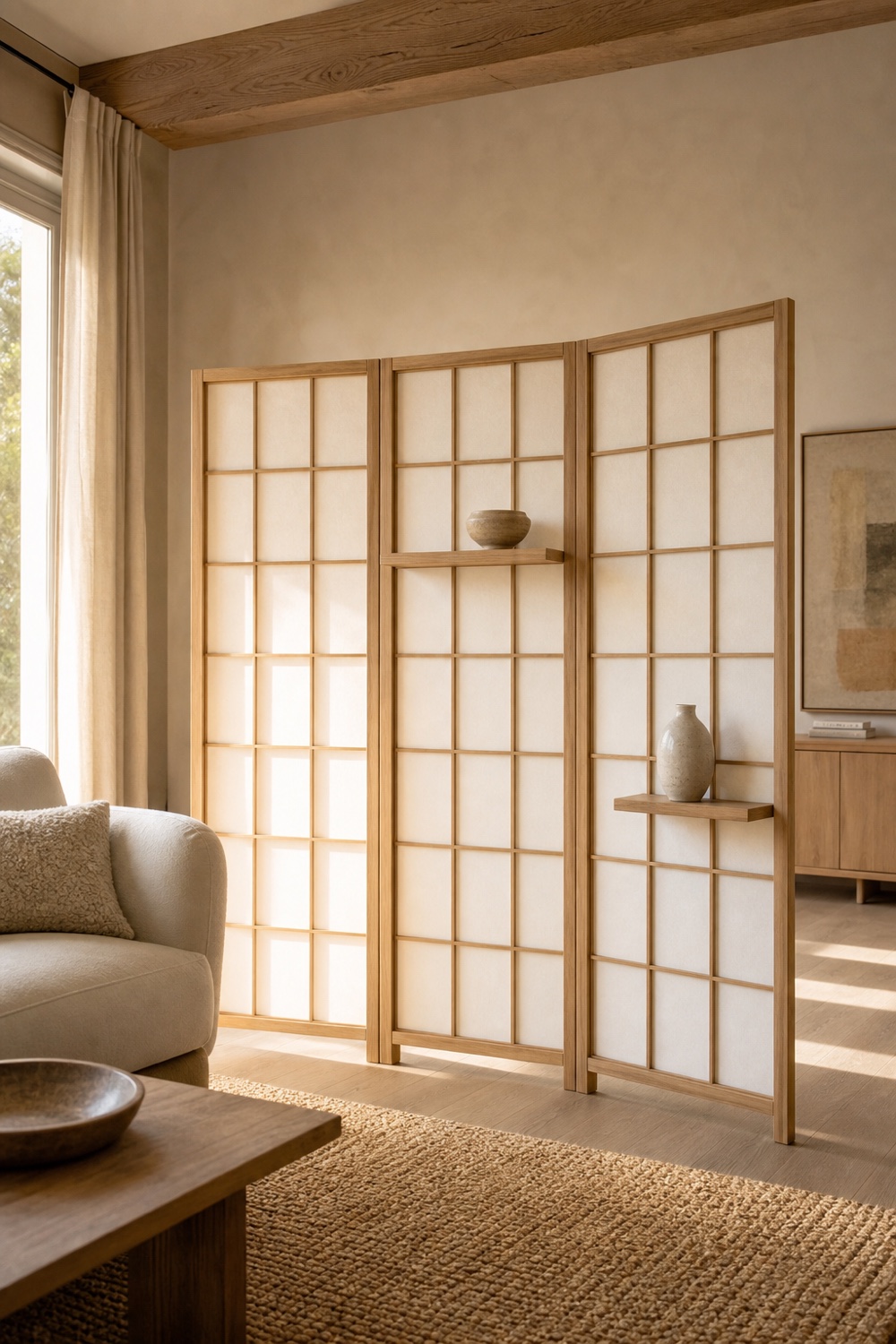 A shoji-style wood screen with two restrained ceramic objects