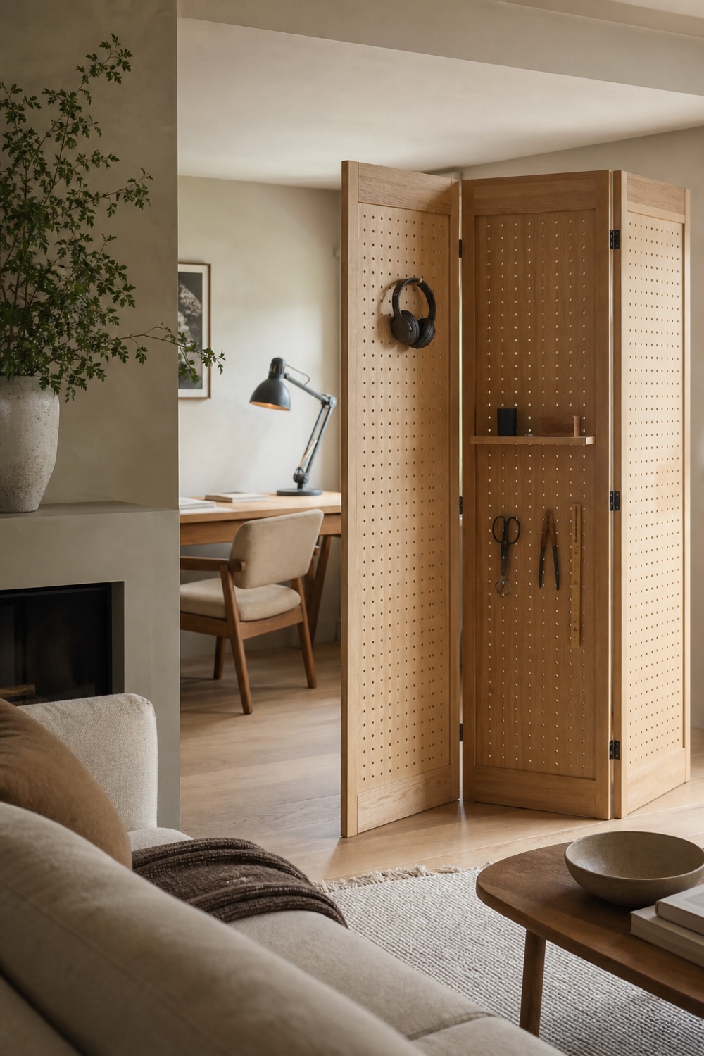 A natural pegboard screen separating an organized home workspace