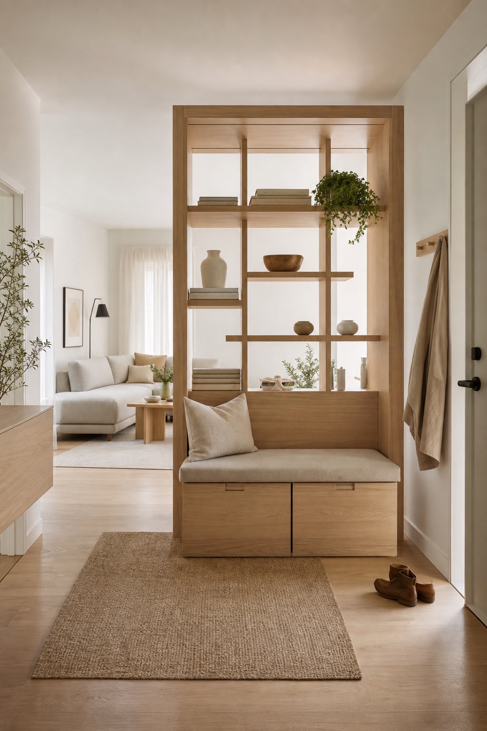 A pale oak storage divider with a bench creating an apartment entry zone