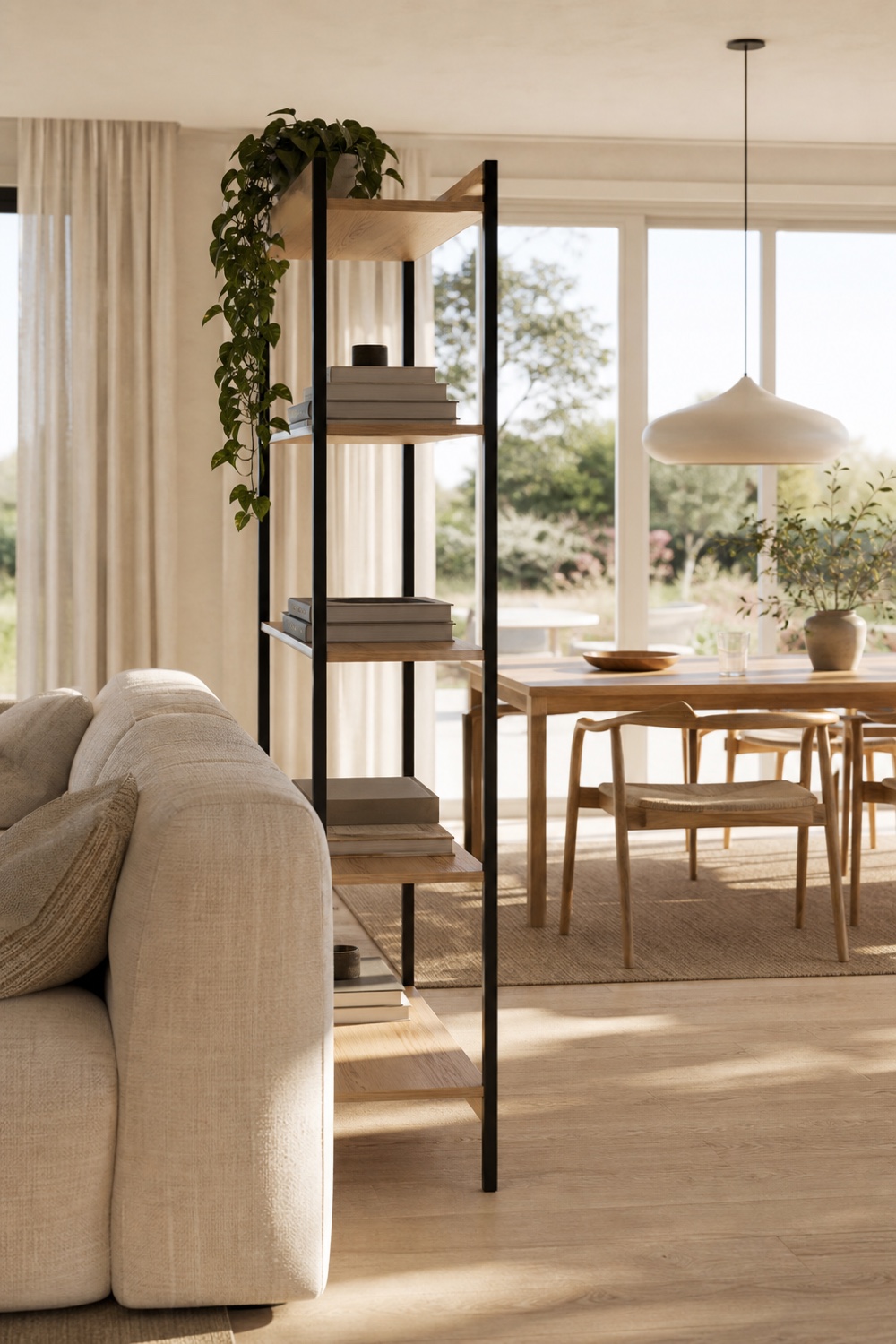 Open oak and dark metal shelving between a sofa and dining table