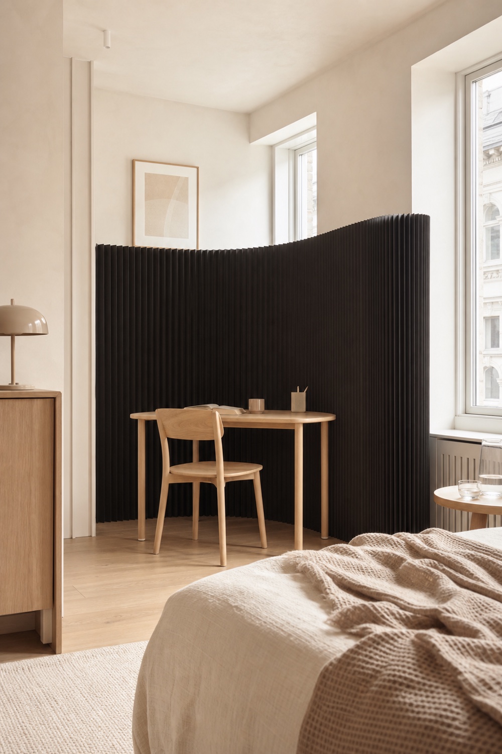 A black accordion divider curving around a temporary desk