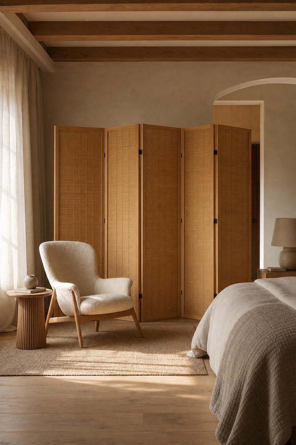 A natural bamboo screen defining a warm reading corner beside a bedroom
