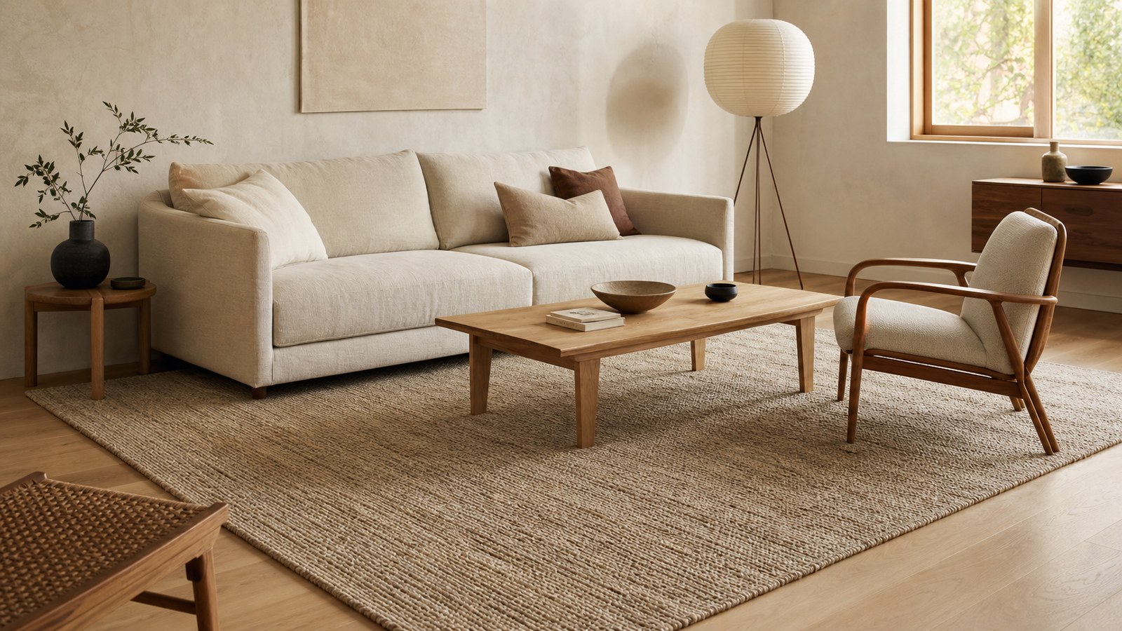 A warm minimalist Scandinavian living room grounded by a large neutral textured rug