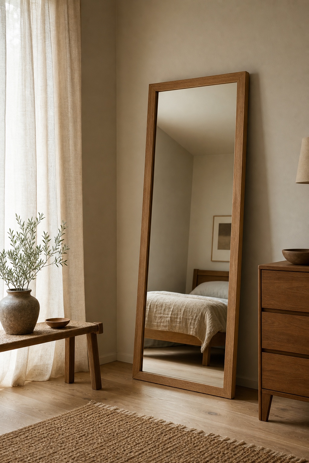 A warm wood-framed full-length mirror beside linen curtains in a Scandinavian bedroom