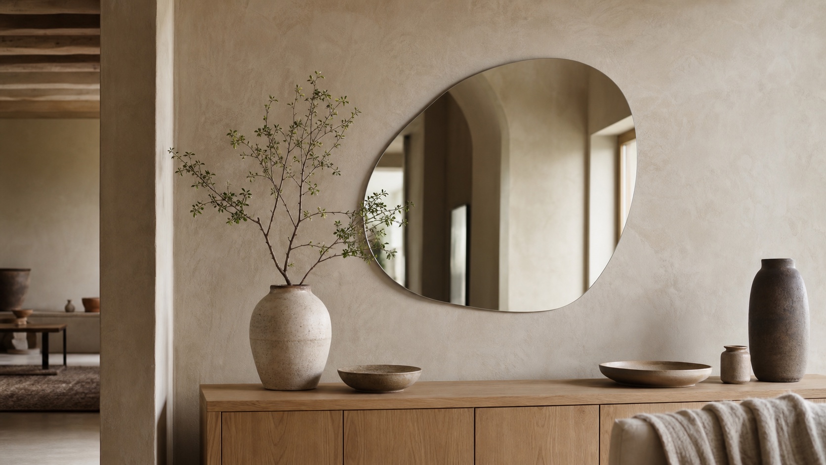 An organic mirror above a pale oak console in a warm Scandinavian interior