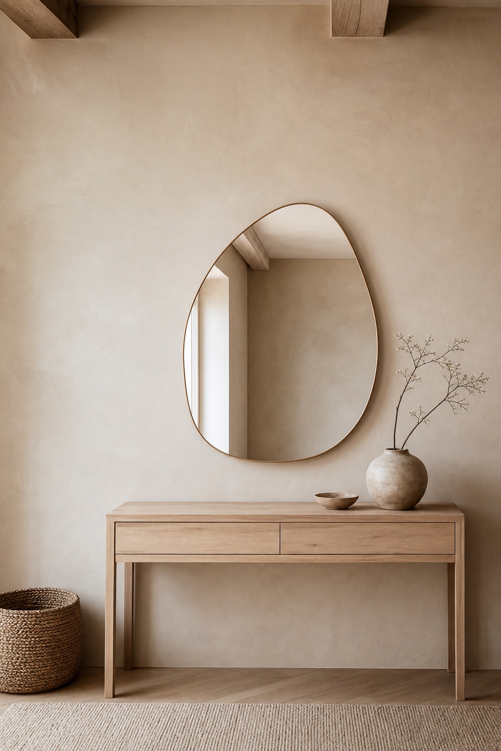 A rounded wall mirror, pale oak furniture and oatmeal textiles in a calm Scandinavian living room