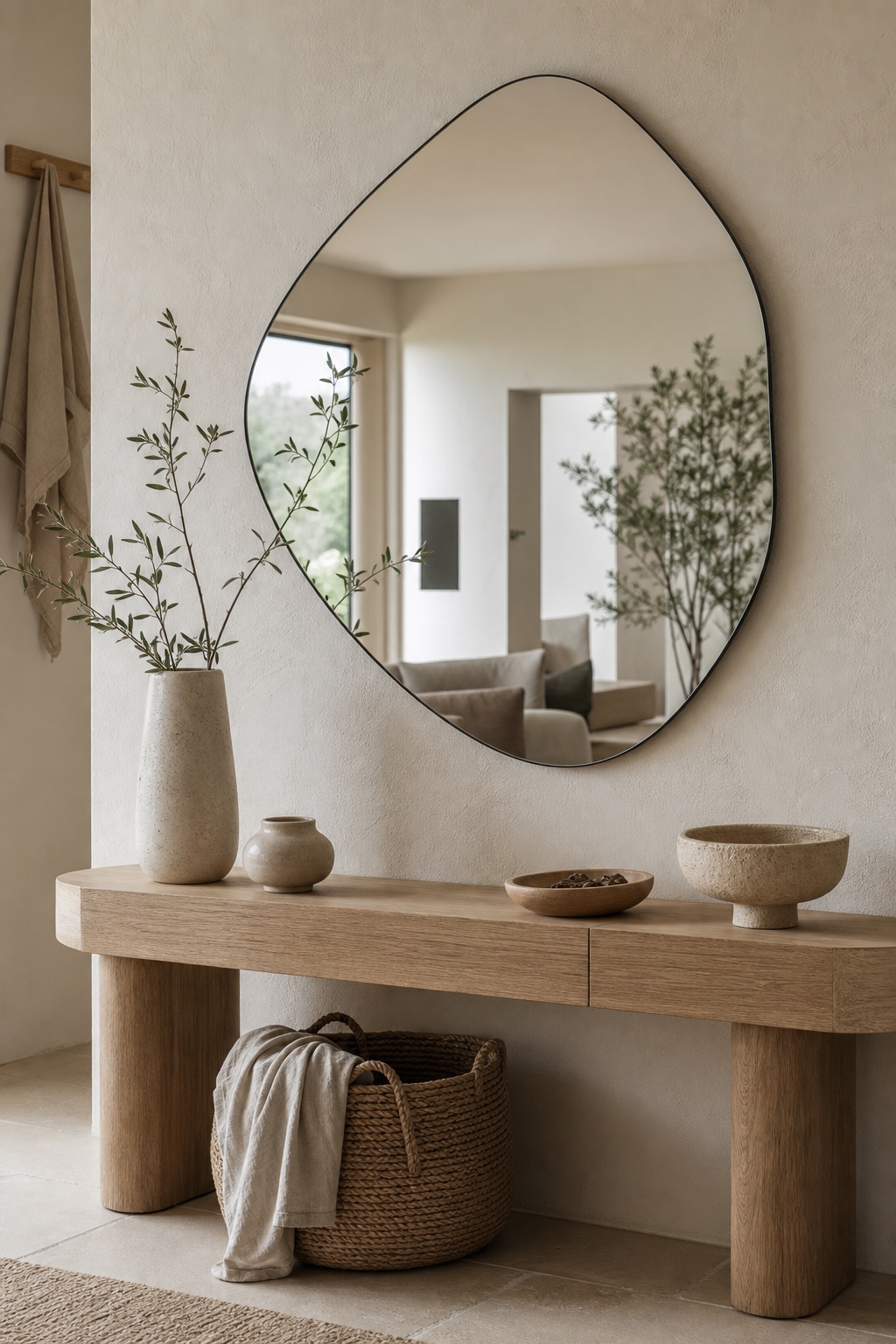 An organic wall mirror above a pale oak console in a softly lit Scandinavian entryway