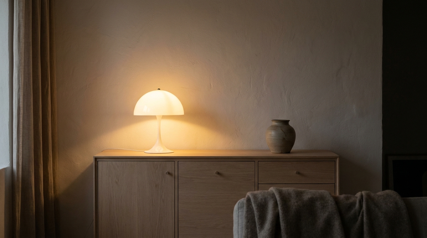Scandinavian table lamp with an opal dome shade on a light oak sideboard in a warm minimalist living room