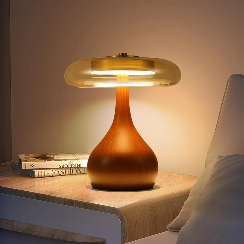 Wooden teardrop base with an amber glass dome