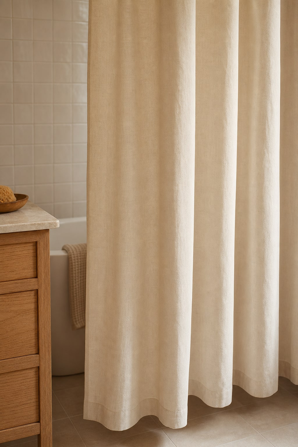 Cream textured shower curtain in a warm, small bathroom
