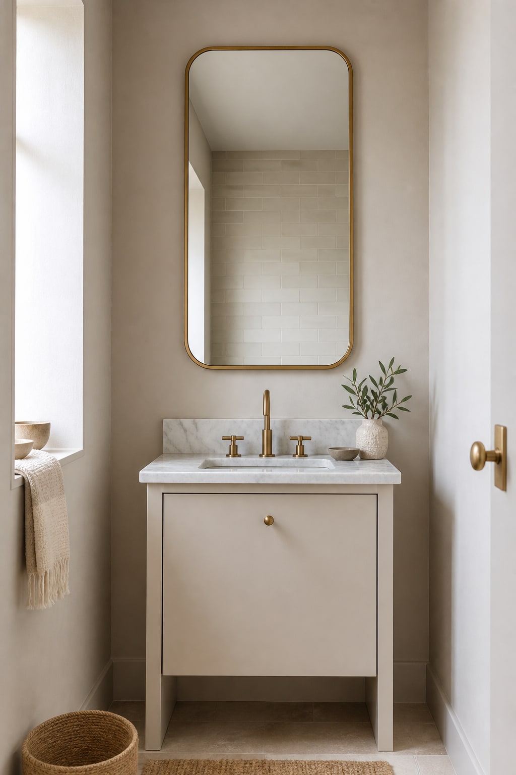 Large rounded gold mirror above a compact bathroom vanity