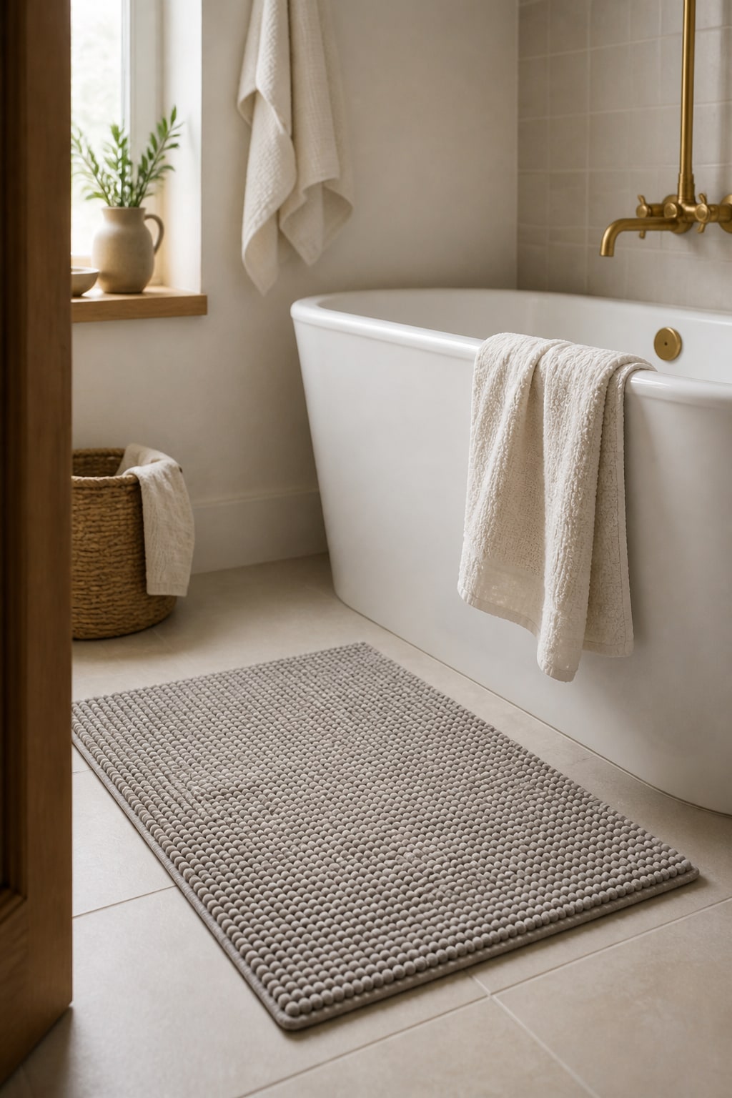 Soft gray bath mat beside a white bathtub