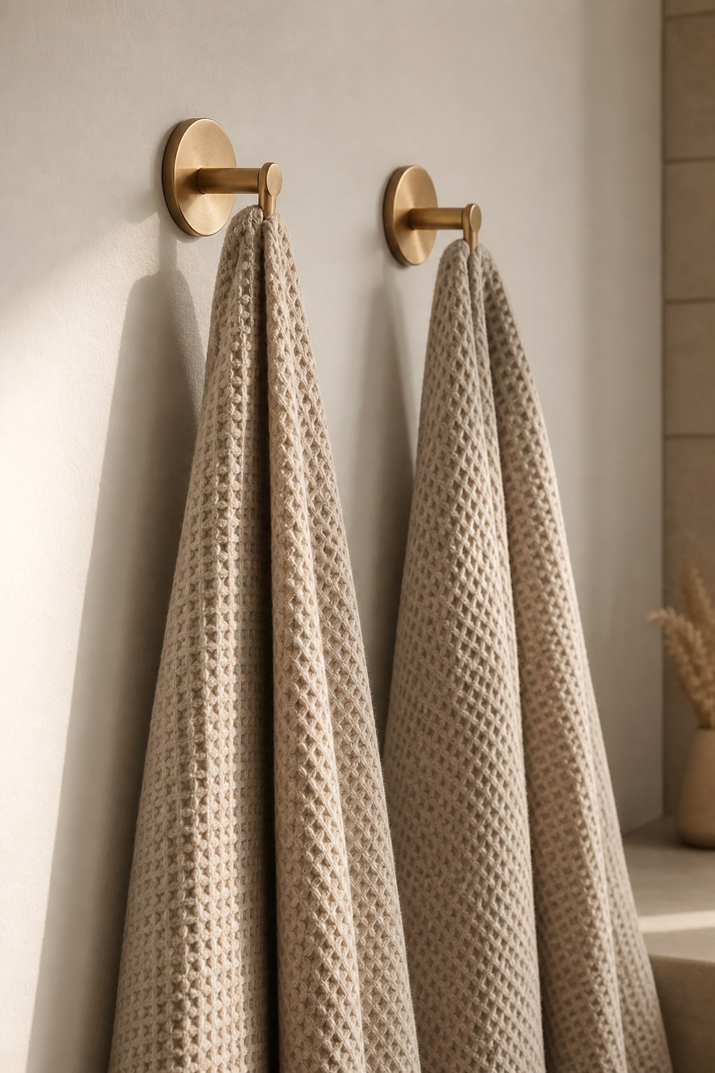Beige waffle towels hanging from brass bathroom hooks