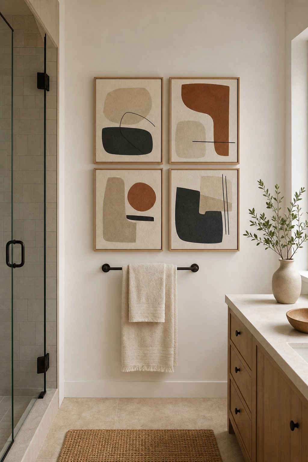 Neutral Matisse-style framed prints in a small bathroom