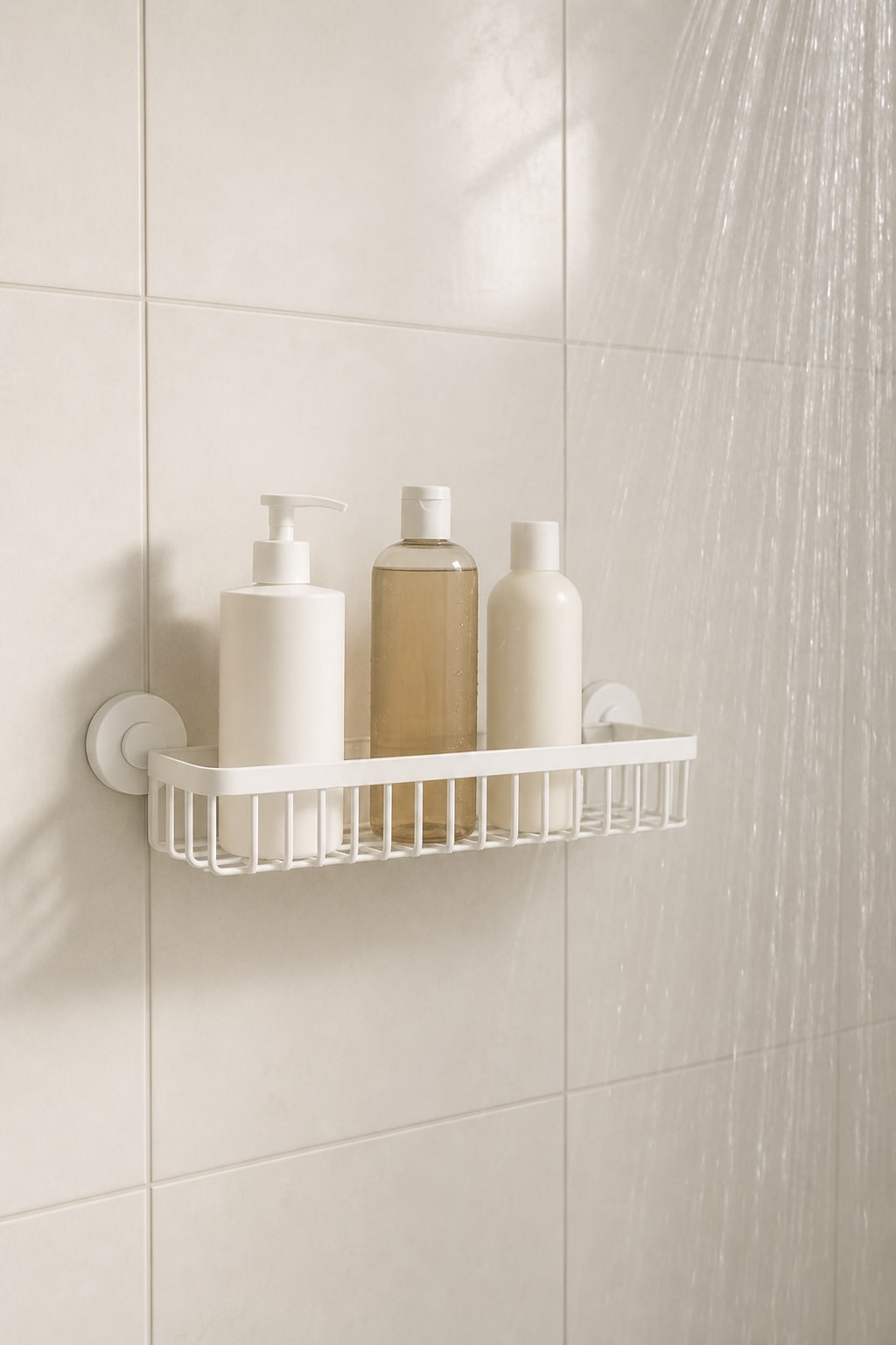 White renter-friendly shower caddy holding a few bath products