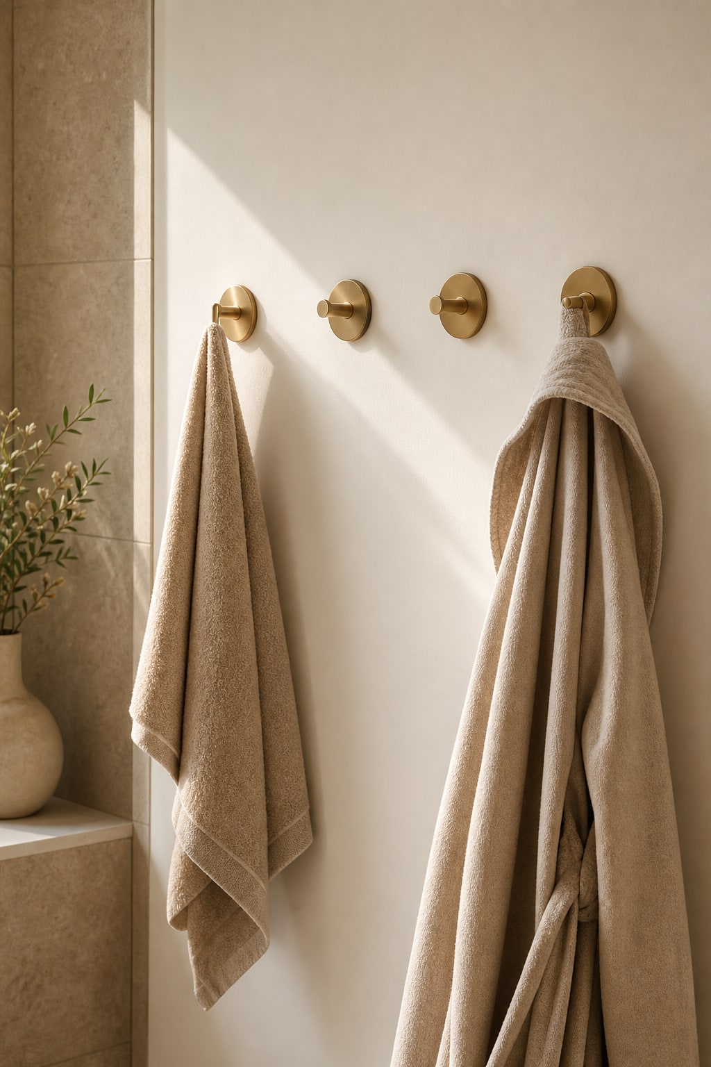 Satin-brass hooks with neutral towels in a compact bathroom