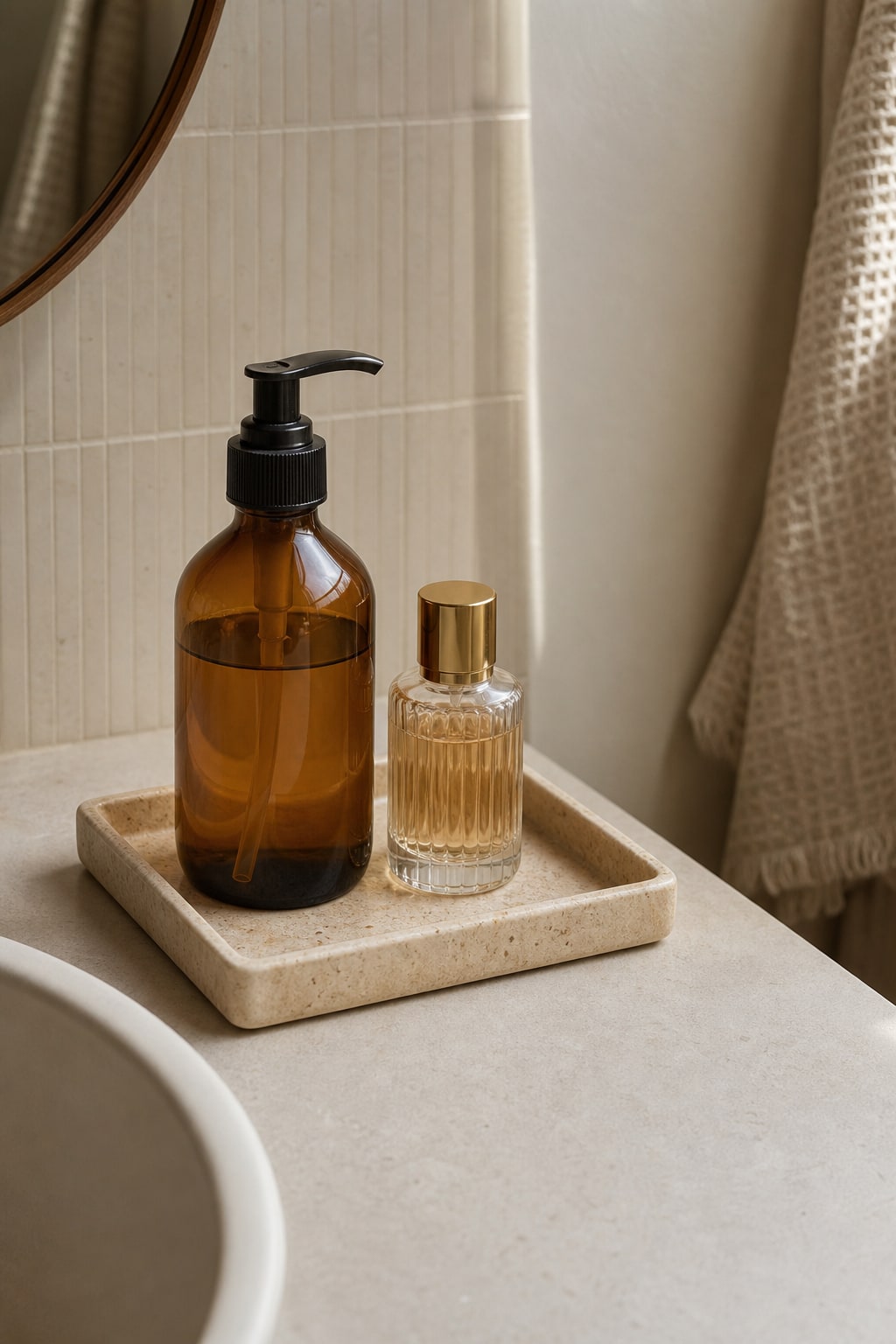Small travertine-look tray with soap and perfume on a bathroom vanity