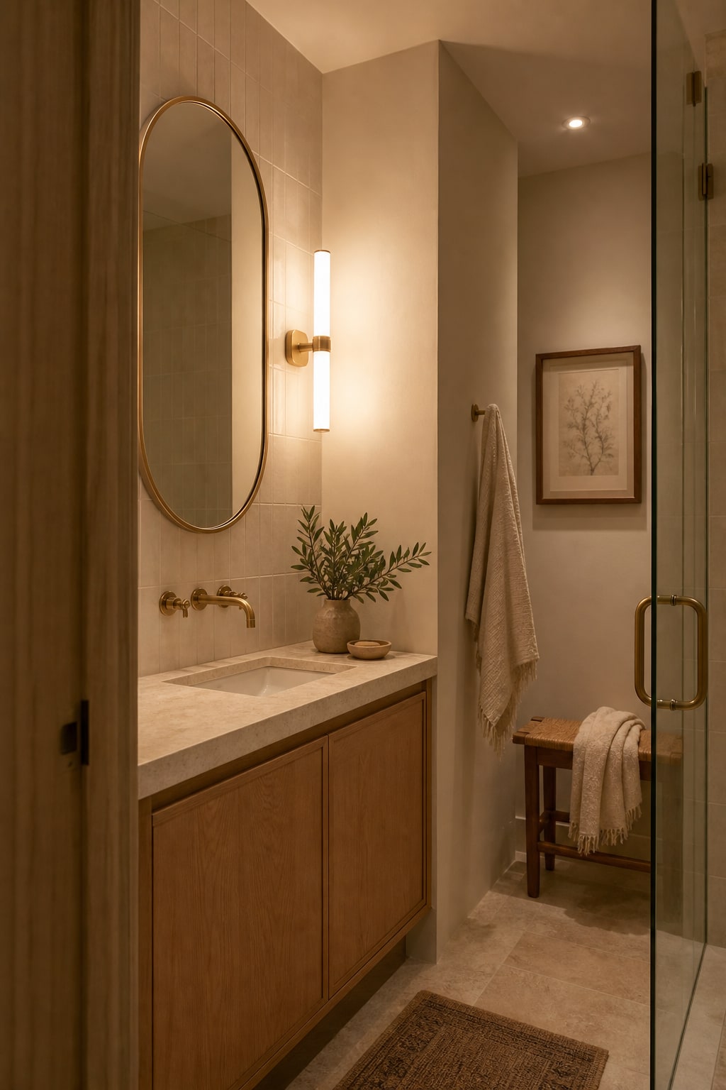 Warm bathroom lighting reflected in a rounded gold mirror