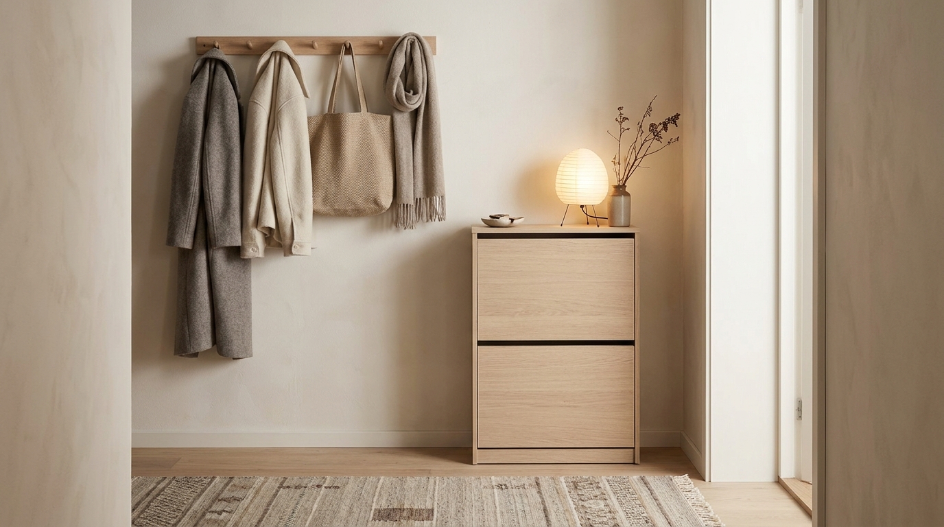 Small Scandinavian entryway with pale oak shoe storage and wall hooks