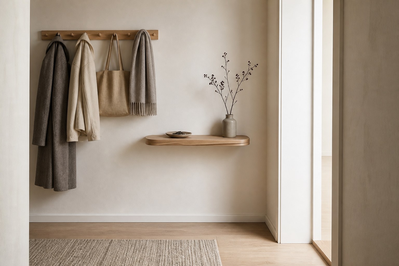 A shallow floating oak shelf with rounded corners in a narrow, warm-white entryway