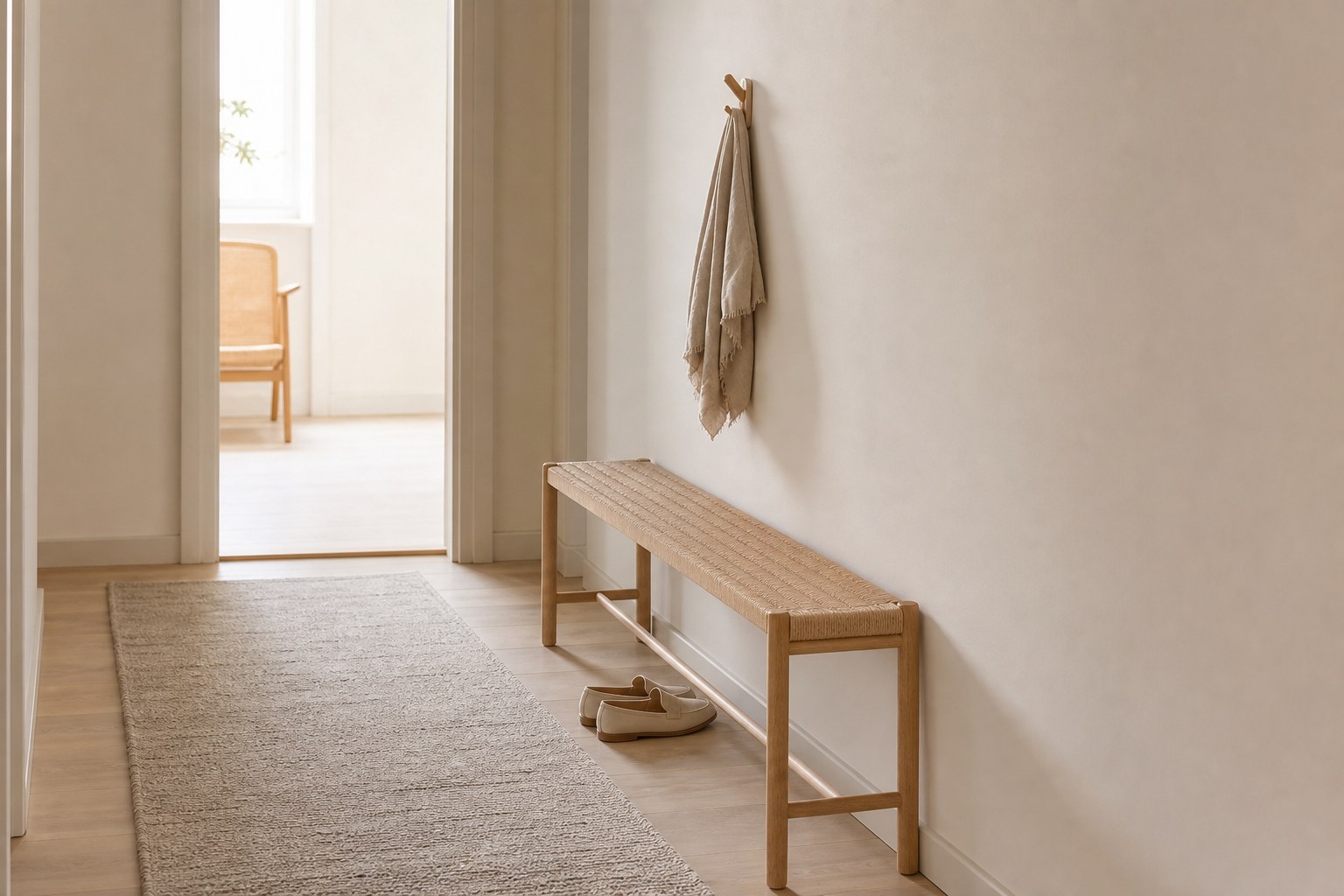 A narrow pale-oak bench with a woven seat leaving the hallway floor and walking route clear