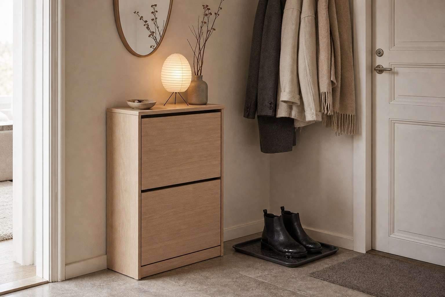 A shallow closed shoe cabinet beside a boot tray in a compact apartment entrance