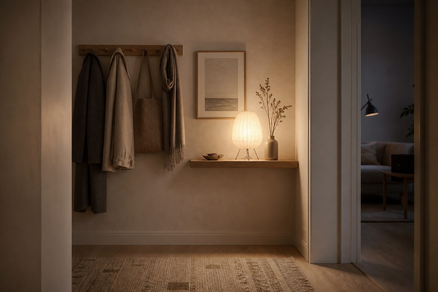 A diffused paper lamp casting a warm pool of light across a small windowless entryway